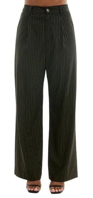 NWT Alex & Sophia Striped Wide-Leg Pleated Pinestripe Pants Black / Gold L thumbnail 1