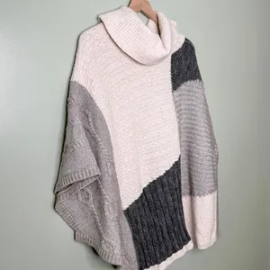 White House Black Market Wool Cowl Neck Patchwork Poncho Sweater Grey Medium thumbnail 7