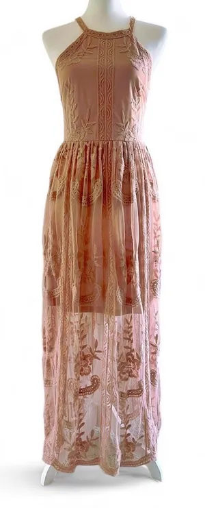 Altar'd State Dusty Pink Lace Halter Maxi Dress - Size Medium thumbnail 1