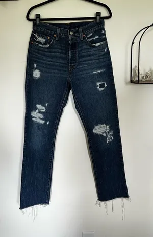 Levi’s 501 Premium Denim Distressed High Rise‎ Straight Leg Blue Jeans Size 28 thumbnail 1