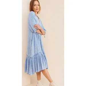 FREE PEOPLE Maya Midi Dress Blue Button Front Washed Look Bohemian Medium thumbnail 5
