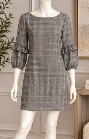 Gabby Skye Womens Dress Plaid Tiered Ruffle Sleeve Shift Gray Blue Size 8 thumbnail 1