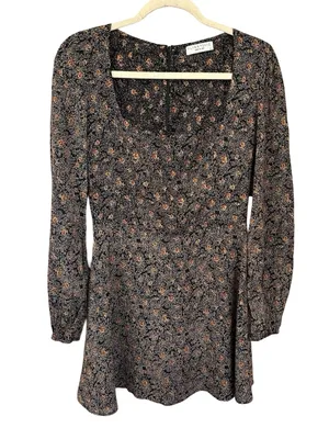 Flynn Skye Brown Floral Mini Dress Square Neck Long Sleeve Boho Whimsigoth NWT S thumbnail 7