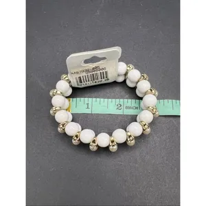 New! Golden Stella White Bead Faux Pearl Rhinestone Stretch Bracelet thumbnail 6