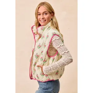 BiBi Floral Print Piping Detail Quilted Vest - Cream/Pink - Medium thumbnail 2