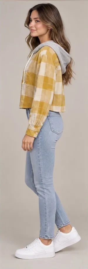 American Eagle Hooded Plaid Flannel Shirt Women Small Mustard Yellow Cropped thumbnail 1