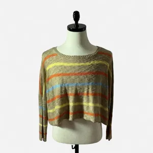 Storia‎ Fisherman Womens Striped Open Knit Cropped Sweater Tan BT1139 Size S thumbnail 2