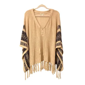 Double Zero Cream Fringe Knit Poncho Sweater Navy Blue Aztec Detail Size Medium thumbnail 3