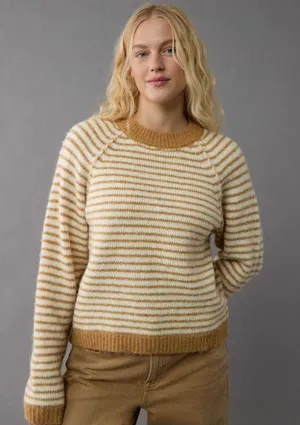 American Eagle Striped Crewneck Sweater in Cream and Mustard thumbnail 1