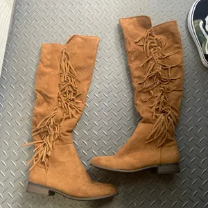 Tan Suede Knee High Fringe Boots mossimo casual classic fall 8 $60 boho thumbnail 7
