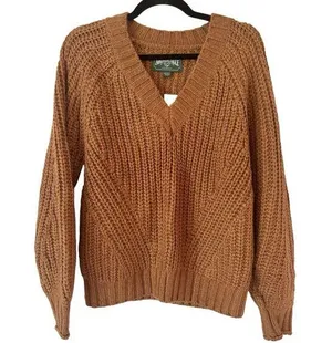 NWT American Eagle Brown Chunky Knit V Neck Pullover Sweater Sz XS Neutral Earth thumbnail 1