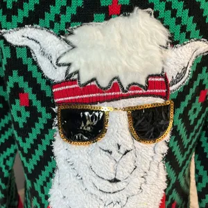 Christmas Jolly Sweater Llama Jingle Bell Green Red Sequins Ugly Oversized thumbnail 2