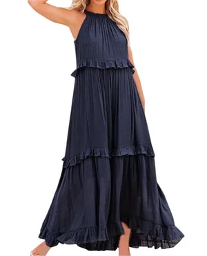 Navy Blue Maxi Halter Dress Boho Tie Back Pockets Size M thumbnail 1