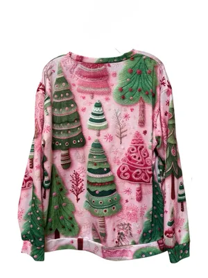 Pink Christmas Tree Sweatshirt XL Whimsical Girly Holiday Maximalist thumbnail 2