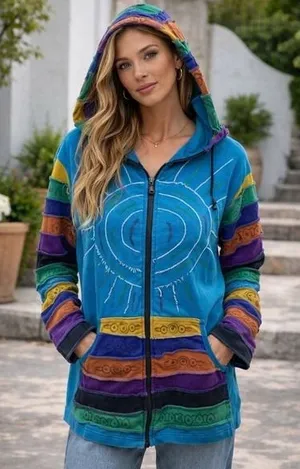Agan Traders Patchwork Hoodie Women XL Blue Boho Sunburst Pixie Zip Up Excellent thumbnail 1