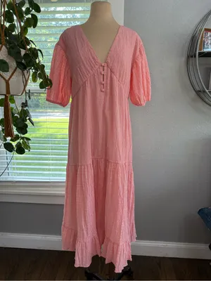 Sabo Skirt Pink Textured Tiered Midi Dress Puff Sleeve V-Neck XS thumbnail 5
