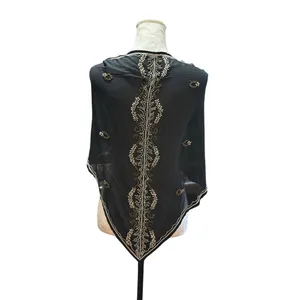 Black Embroidered Sheer Scarf Evening Wrap Shawl Gold & White Beaded Detailing thumbnail 6