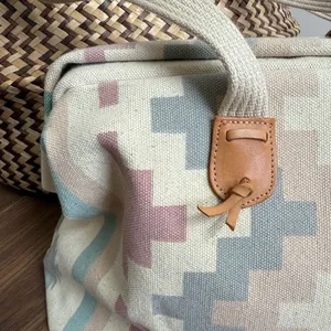 Vintage 90s Southwestern Pattern Canvas Satchel Clamshell Small Tote Mauve Teal thumbnail 3