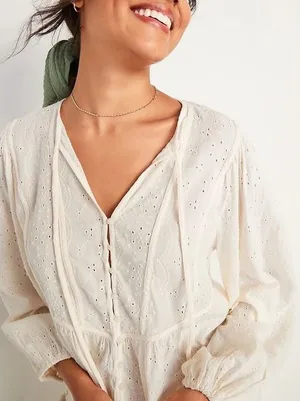 Old Navy Women Cotton Roma Blouse XL White Eyelet Embroidered Balloon Cottage thumbnail 1