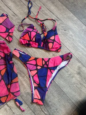 SheIn NWOT Medium 4pcs Women's Halter Tie Neck Triangle Bikini Set Head Scarf & Skirt thumbnail 7
