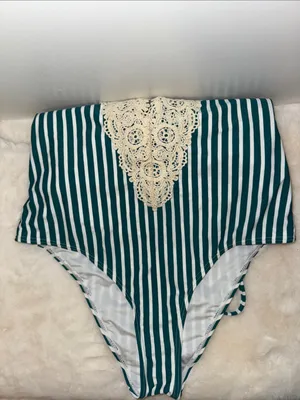 CUPSHE Striped One Piece Swimsuit w Boho Crochet Trim Women’s Large L thumbnail 5