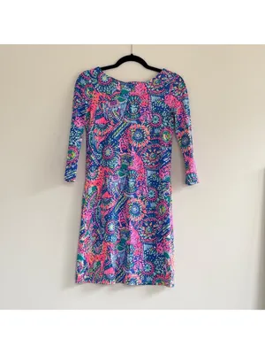 Lilly Pulitzer Style Bright Neon Long Sleeve Shift Dress Blue Pink Tropical XXS thumbnail 3
