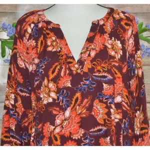 Old Navy Maroon Floral Boho Peasant Top V-neck Long Sleeve Pull Over Size XL thumbnail 2