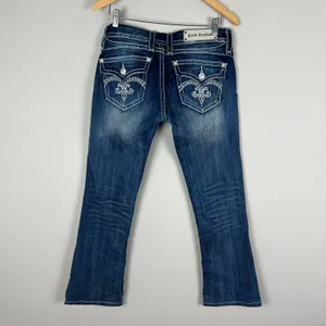 Y2K Rock Revival Sasha‎ Boot Jeans Womens 31 Dark Wash Denim Flap Rhinestones thumbnail 2