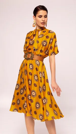 Nissa Marigold Medallion Print Silk Blend Short Sleeve A-Line Midi Dress Size 8 thumbnail 1