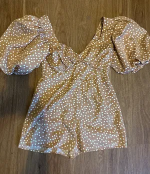 Brown Polka Dot Puff Sleeve Sweetheart Romper Womens Sz 8 cottagecore boho‎ thumbnail 1