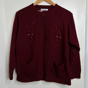 VTG Cardigan Sweater Maroon floral tonal embroidery Pearl bead details Grannycor thumbnail 1