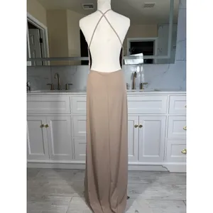 Maxi Dress Womens M Taupe Deep V-Neck Double Slit Open Back Gown thumbnail 6