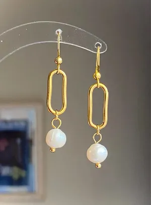 Handmade gold tone stainless steel natural shell pearls chic fairy boho vintage style dangle earrings💖 thumbnail 3