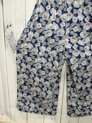 KORI Floral Maxi Jumpsuit Blue White Sleeveless Sz L Ruffle Straps Back Sash Tie thumbnail 4