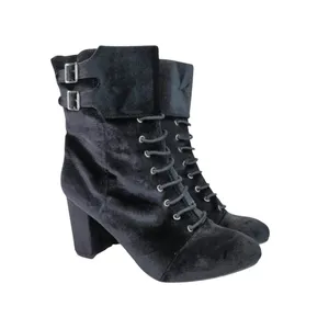 Jiba Velvet Lace Up Ankle Boots Womens 8 Black Goth‎ Victorian Steampunk Buckle thumbnail 2
