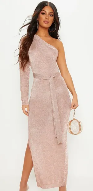 Nwt Plt Rose Gold Metallic Knitted One Shoulder Dress S thumbnail 1