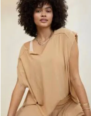 Aerie Summer Breeze Notch Neck T-Shirt Womens XL Tan‎ Cotton Relaxed Slouchy thumbnail 1
