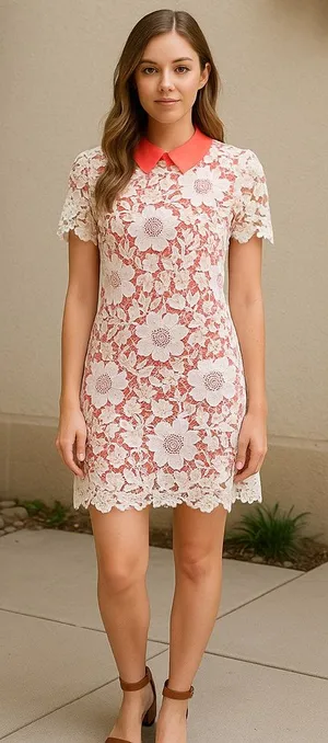 Coral Ivory Floral Lace Collared Sheath Mini Dress Size M NWT thumbnail 1