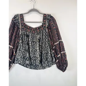 Free People Womens Top Gray Mostly Meadow Blouse Aztec Babydoll Boho Medium thumbnail 5