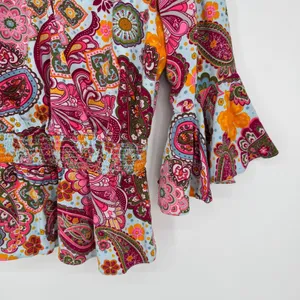 1.STATE Paisley Bell Sleeve Peplum Blouse Large Blue Pink Boho Festival‎ Hippie thumbnail 5
