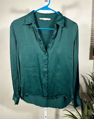 P235. Zara Hunter Green Satin-like Button-Down Shirt thumbnail 1