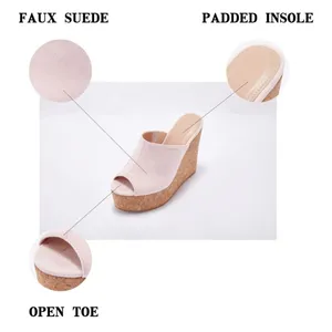 LAICIGO Wedge Platform Slide on Sandals Open Toe Cork Faux Suede Womens 9.5 New thumbnail 3