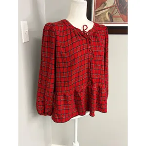 Loft Petites Red Plaid Metallic Peplum Blouse Tie Neck MP thumbnail 2