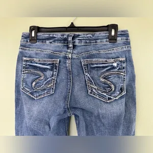 Silver Jeans Suki womens 29/31 medium wash mid rise slim bootcut Distressed blue thumbnail 5