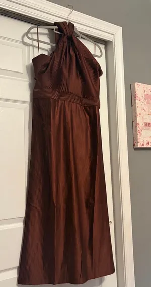 Showpo Midi Dress Chocolate Back Marlette Pleated Open Halter thumbnail 1
