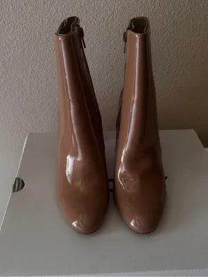 Patent Leather Nude Mid-Calf Block Heel Boots - Women thumbnail 8