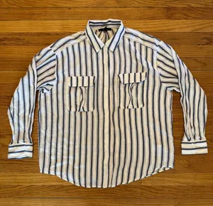 Forever 21 Blue & White Striped Button Down Over Shirt/Dress Shirt thumbnail 1
