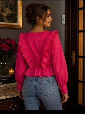 Feminine Ruffled V-Neck Peplum Blouse in Hot Pink thumbnail 3