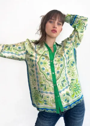 Zara Women's Paisley Print Button-Up Blouse Green Blue‎ Size Small thumbnail 1