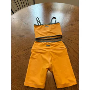 Five Dancewear Orange Blue Trim Crop Top Biker Shorts Set XXS Yoga Athletic thumbnail 10